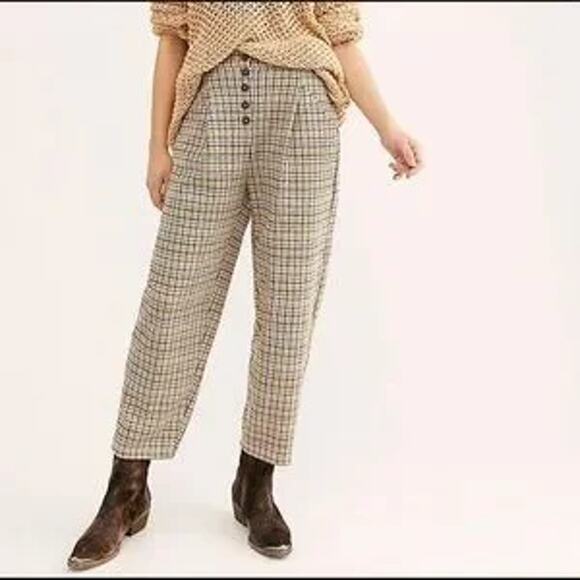 Free People Posey Plaid Women's Multicolor Barrell Tapered Trousers Pants Size L - Picture 1 of 6